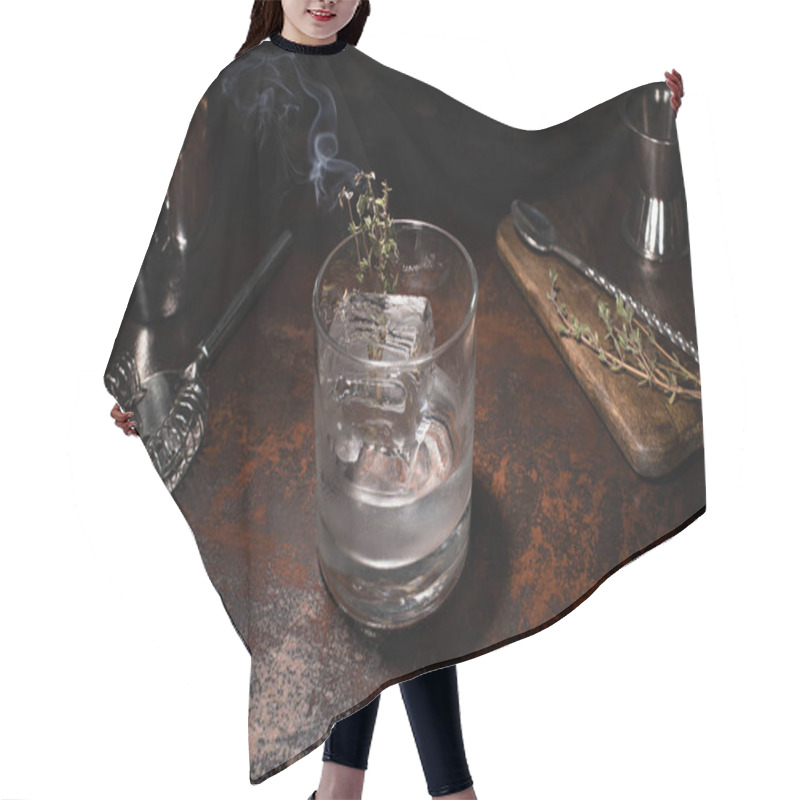 Personality  Transparent Glass With Burning Herb, Ice Cube And Vodka On Weathered Surface Hair Cutting Cape