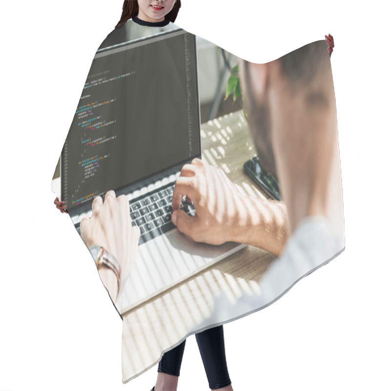 Personality  Back View Of Man Using Laptop With Html Code On Screen Hair Cutting Cape