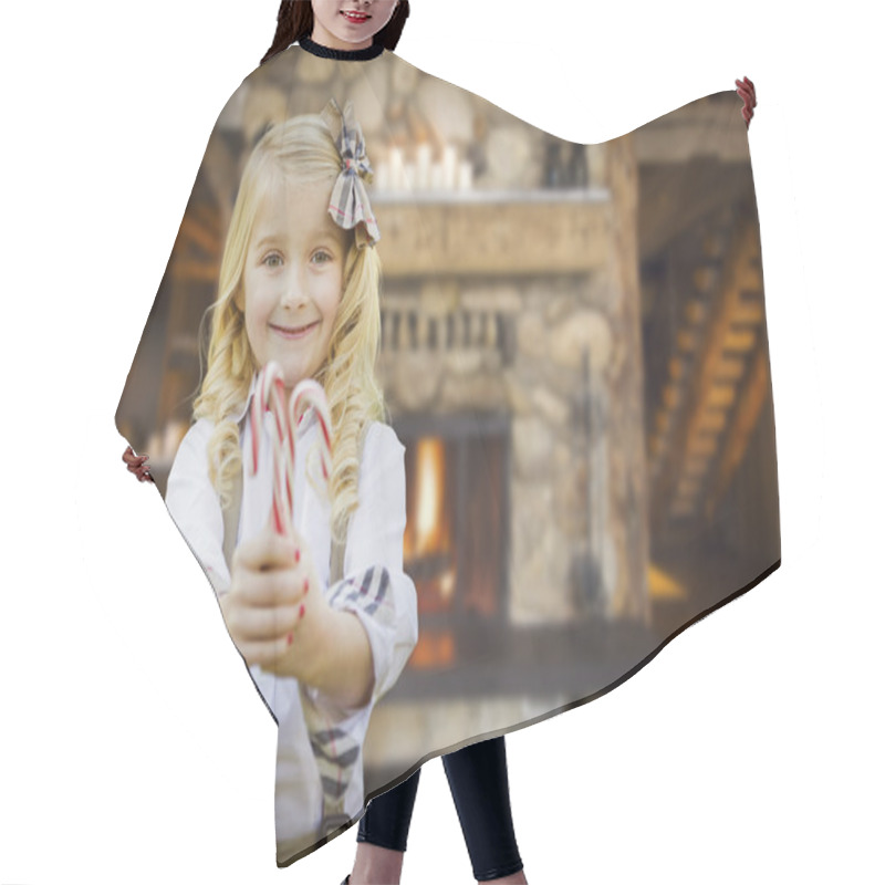 Personality  Cute Young Girl Holding Candy Canes In Rustic Cabin Hair Cutting Cape