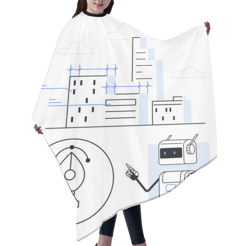 Personality  Cityscape With Buildings, Robot Assistant, And Digital Pen Tool Icon. Ideal For Technology, Architecture, Urban Planning, Robotics, Design Innovation, AI Integration. Line Metaphor Hair Cutting Cape