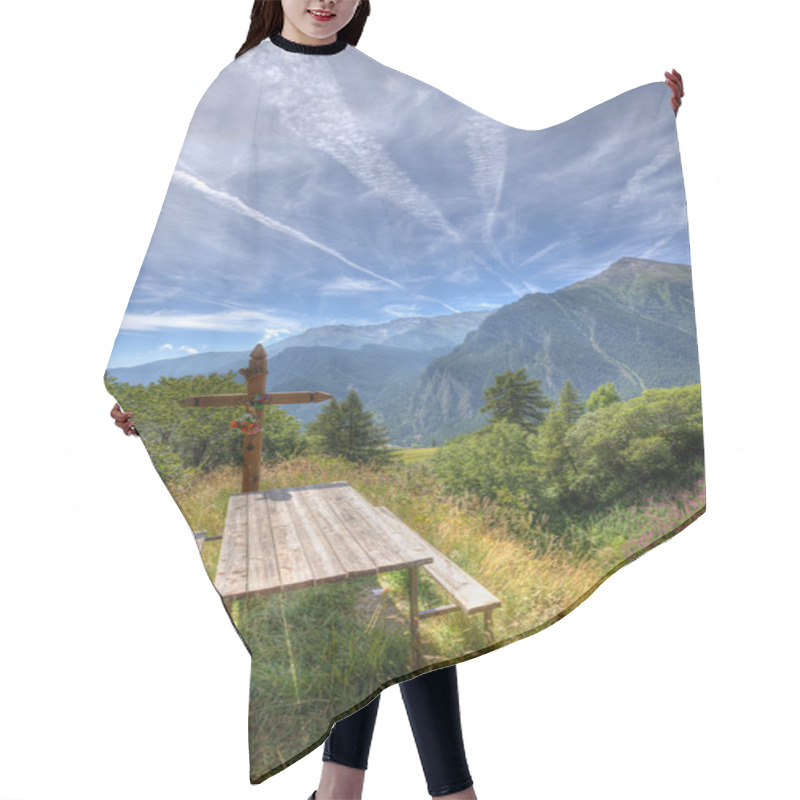 Personality  Wooden Cross On Alpine Meadow. Hair Cutting Cape