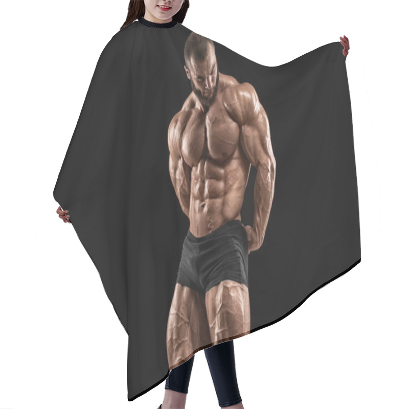 Personality  Bodybuilder Man Isolated On The Black Background. Strong Male Naked Torso Abs Hair Cutting Cape