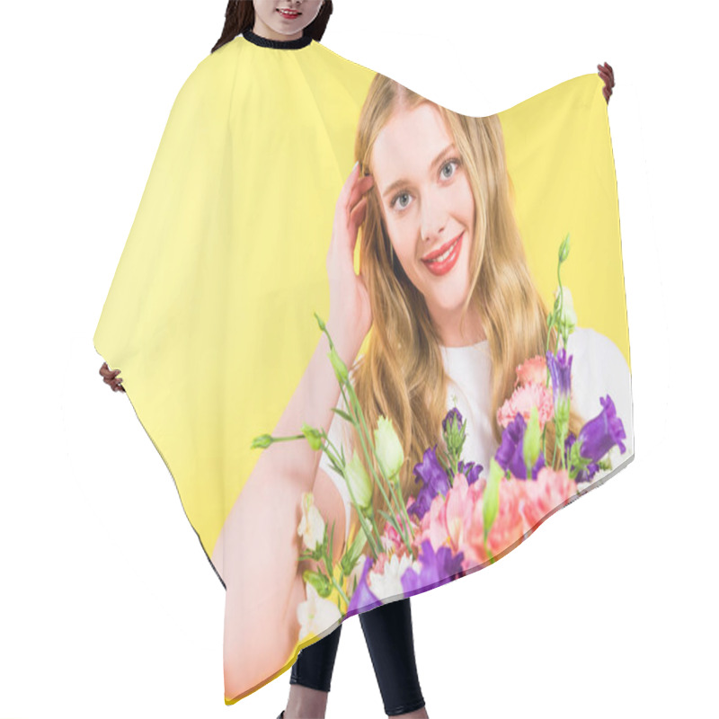 Personality  Beautiful Smiling Blonde Girl With Flowers Touching Hair On Yellow Hair Cutting Cape