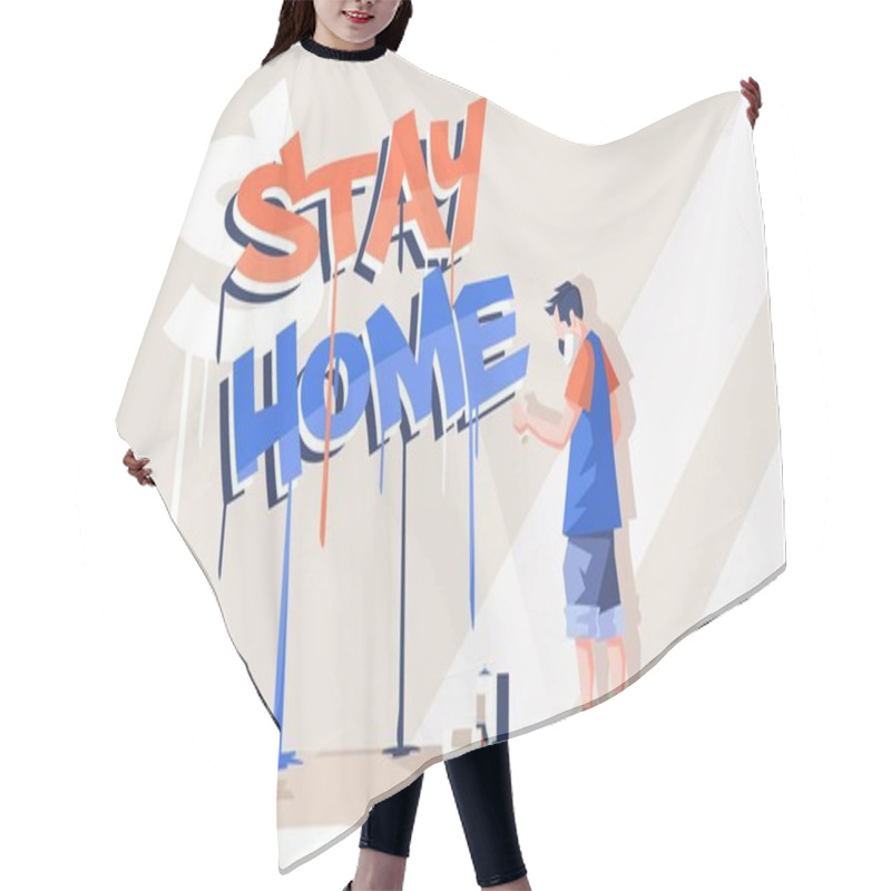 Personality  Graffiti Vector Illustration With Quote Stay Shome Lettering. Graffiti Artist Painting On The Wall . The Concept Of Quarantine And Home Stay. Stop The Coronavirus Epidemic And Stay Home. Covid-19 Hair Cutting Cape