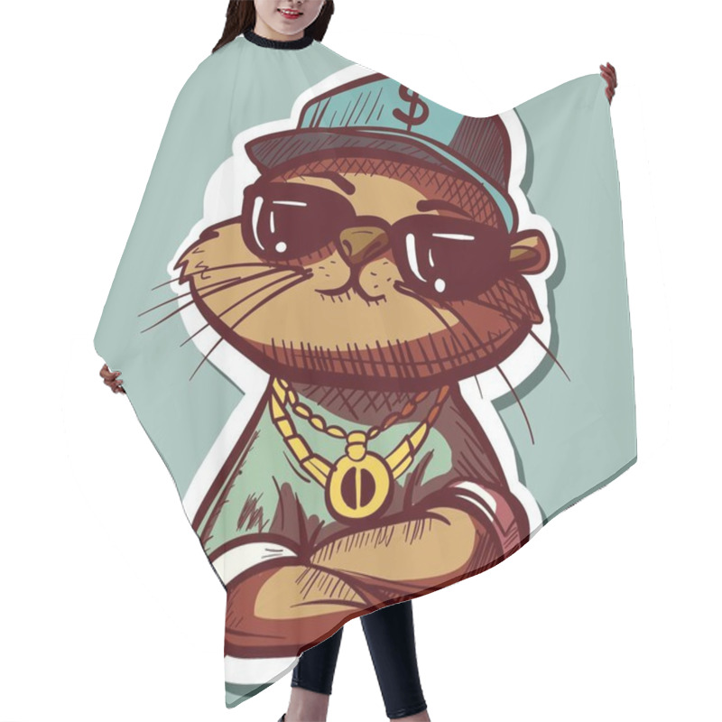 Personality  Digital Art Of A Cool Thug Otter With A Gold Chain, Clothes And A Hiphop Hat. Graffiti Sticker Of A Weasel With Sunglasses. Hair Cutting Cape