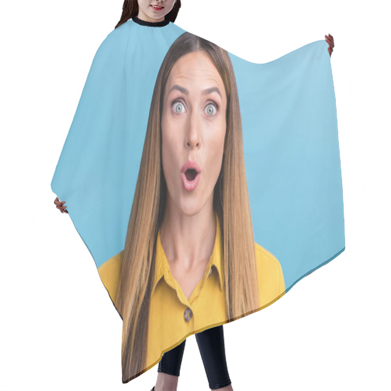 Personality  Photo Of Cool Mature Brown Hairdo Lady Look Camera Wear Yellow Shirt Isolated On Blue Color Background Hair Cutting Cape