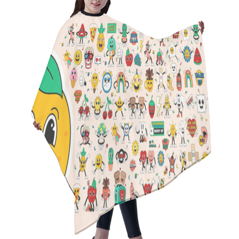 Personality  Mega Set Retro Cartoon Stickers With Funny Comic Characters, Gloved Hands. Contemporary Illustration With Cute Comic Book Characters. Doodle Comic Characters. Contemporary Cartoon Style Set. Hair Cutting Cape