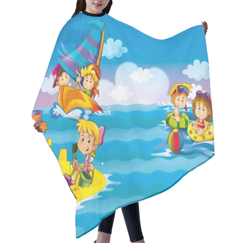 Personality  Kids Playing At The Beach Having Fun By The Sea Or Ocean - Illustration For Children Hair Cutting Cape