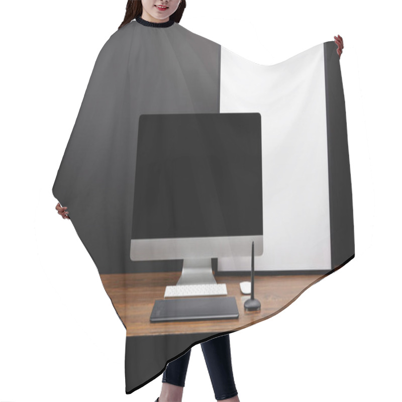 Personality  Close Up View Of Graphic Designer Workplace With Graphic Tablet, Blank Computer Screen, Notebooks And Empty White Board On Wooden Tabletop Hair Cutting Cape