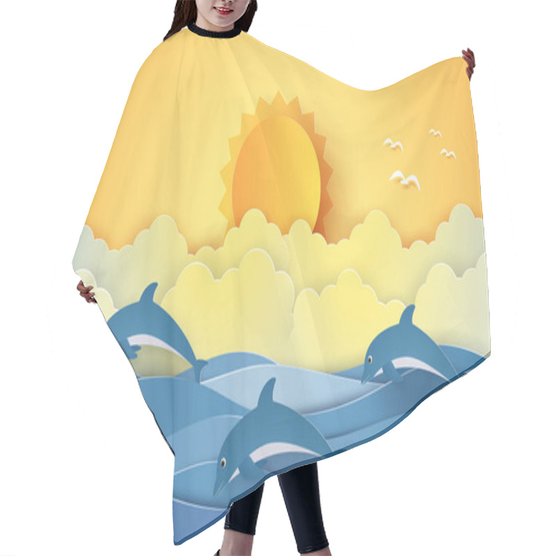 Personality  Summer Time , Sea With Dolphins And Sun , Paper Art Style Hair Cutting Cape