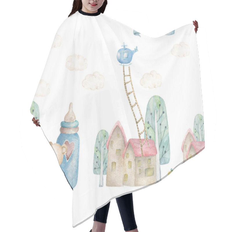 Personality  Baby Dream Land With Treen And Little House, Helicopter Nad Strairs. Children Illustration. Watercolor Cute Town. White Background, Greeting Card, Invite Design Poscard Hair Cutting Cape