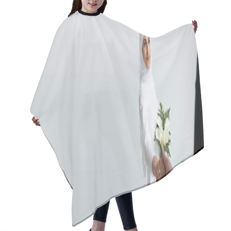 Personality  Happy Muslim Bride With Bouquet Holding Hands With Blurred Groom Isolated On Grey, Banner  Hair Cutting Cape