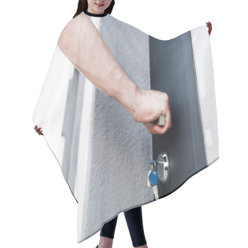 Personality  Cropped View Of Broker Opening Door On Blurred Background Hair Cutting Cape