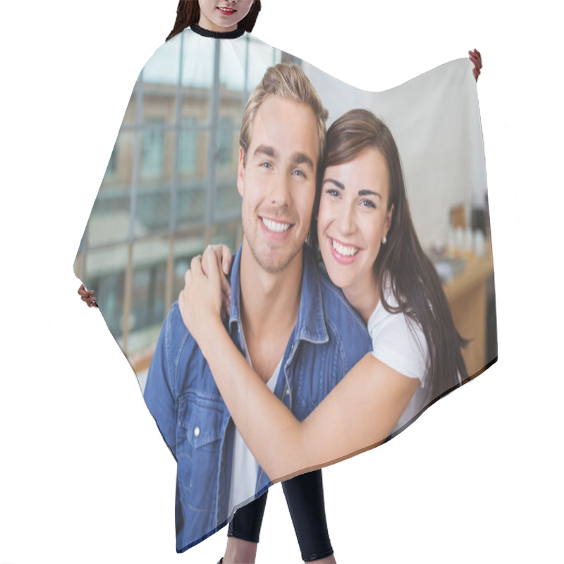 Personality  Happy Couple Embracing At Home Hair Cutting Cape