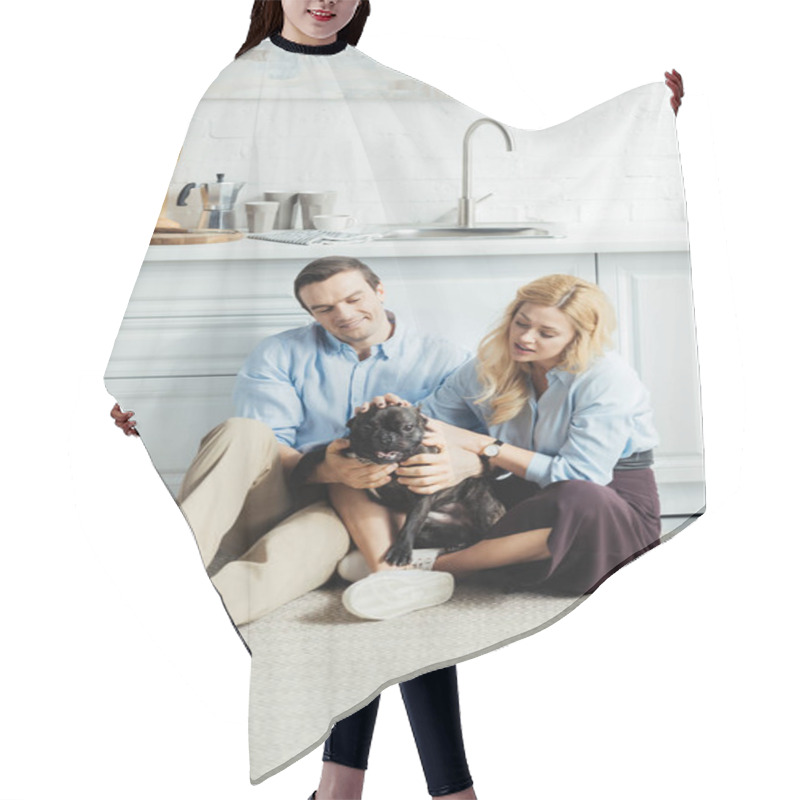 Personality  Happy Man And Blonde Woman Sitting On Floor In Kitchen With French Bulldog Hair Cutting Cape