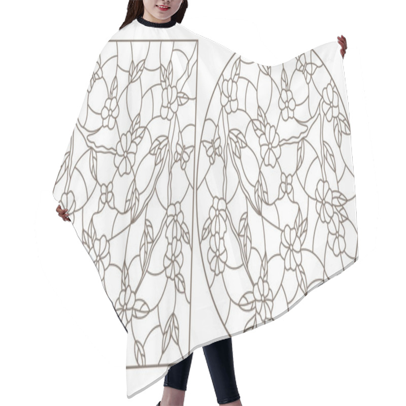 Personality  Set Of Contour Illustrations In Stained Glass Style With Branches Of A Flowering Tree And Butterflies, Dark Outlines On A White Background Hair Cutting Cape