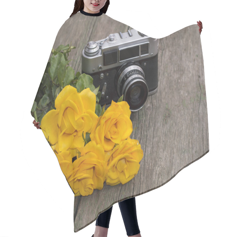 Personality  Yellow Roses And Retro The Camera Behind Them On A Table Hair Cutting Cape