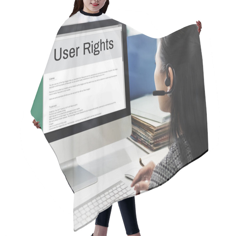 Personality  Businesswoman Working On Computer With User Rights Hair Cutting Cape