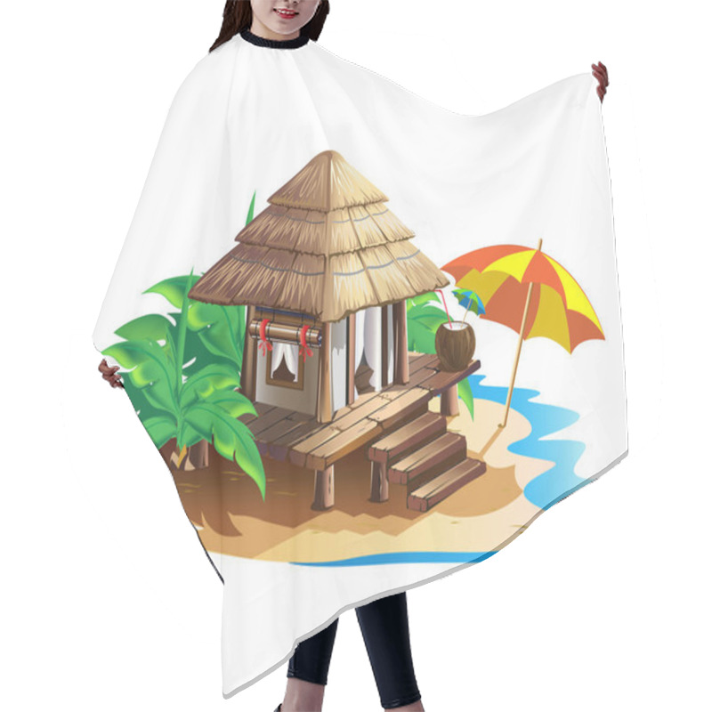 Personality  Tropical Hut With Thatched Roof. Summer Holidays In The Tropics By The Ocean. Isolated Vector Illustration In Cartoon Style Isolated On White Background. Hair Cutting Cape