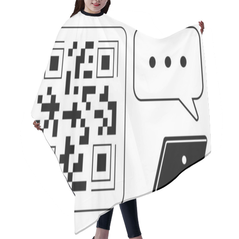 Personality  Monochrome QR Code With Speech Bubble And Laptop Elements. Ideal For Technology, Communication, Digital Marketing, Online Interaction, Customer Support, QR Scanning, Code Generation. Sleek Modern Hair Cutting Cape