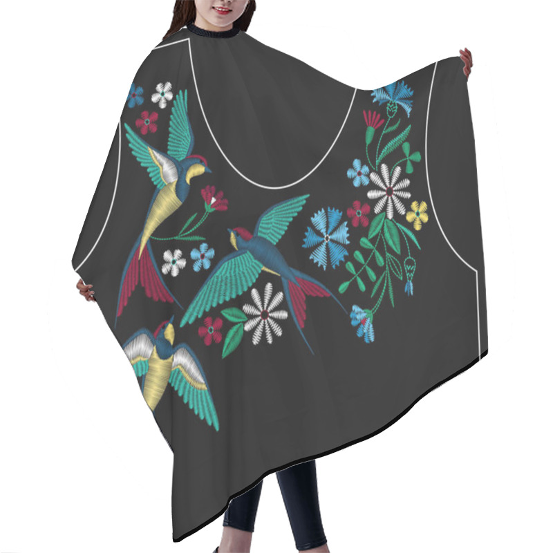 Personality  Embroidery Stitches With Swallow Birds, Wild Flowers For Neckline. Fashion Embroidered Ornament For Textile, Fabric Traditional Folk Decoration. Vector Illustration. Hair Cutting Cape