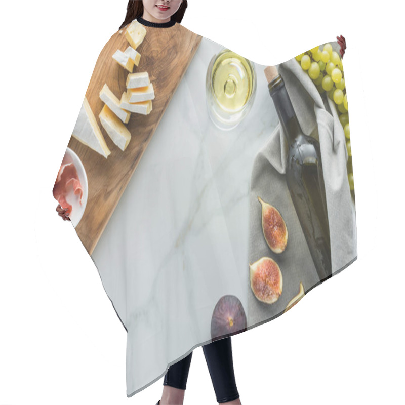 Personality  Flat Lay With Wine, Camembert Cheese, Jamon, Figs And Grape On White Marble Tabletop Hair Cutting Cape