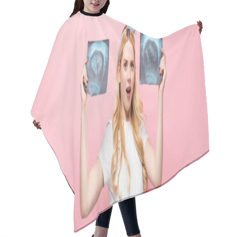 Personality  Shocked Blonde Young Pregnant Woman With Ultrasound Scan With Pizza And Fish On Pink Background, Banner Hair Cutting Cape