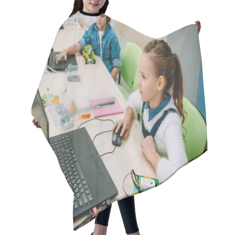 Personality  Little Girl Programming Her Diy Robot With Laptop, Stem Education Concept Hair Cutting Cape