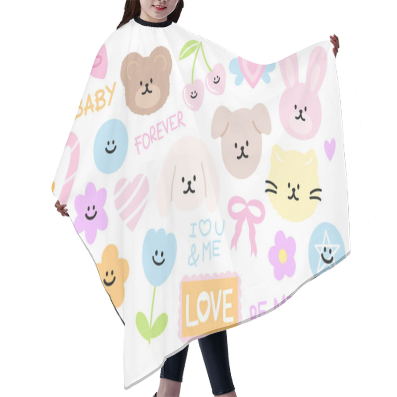 Personality  Pastel Illustration Of Teddy Bear, Puppy, Cat, Bunny, Pink Ribbon, Cherry, Flowers, Candy, Heart, Star, LOVE Letters For Cute Animals, Zoo, Pet Shop, Vet, Floral Print, Picnic, Spring, Summer, Cartoon, Character, Kids, Toddler, Stickers, Valentine Hair Cutting Cape