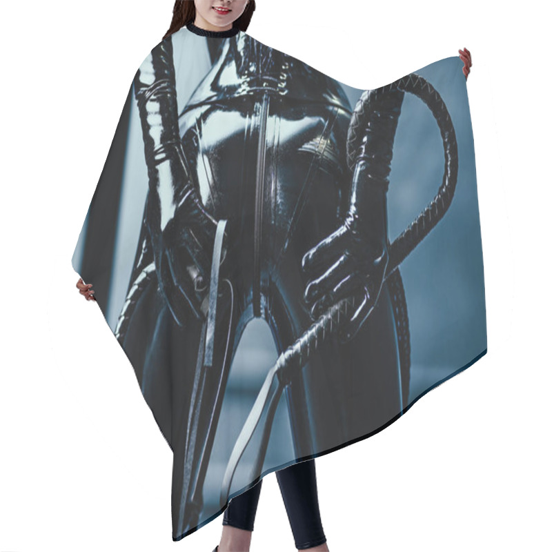 Personality  Bdsm Style Woman In Black Latex With Whip Hair Cutting Cape