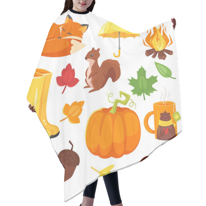 Personality  Vector Cartoon Style Set Of Autumn Symbols: Fox, Pumpkin, Yellow Boots Hair Cutting Cape