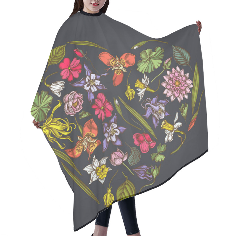 Personality  Heart Floral Design On Dark Background With Ylang-ylang, Impatiens, Daffodil, Tigridia, Lotus, Aquilegia Hair Cutting Cape