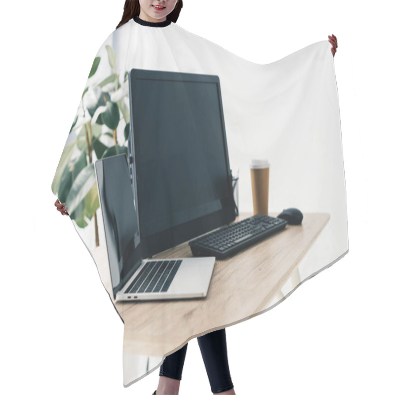 Personality  Front View Of Workplace With Laptop, Computer, Paper Cup Of Coffee On Table And Potted Plant  Hair Cutting Cape