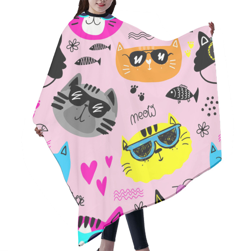 Personality  Cute Seamless Pattern With Cats. Hand Drawn Kids Background For Textile, Fashion, Wrapping Paper, Graphic Tees Hair Cutting Cape