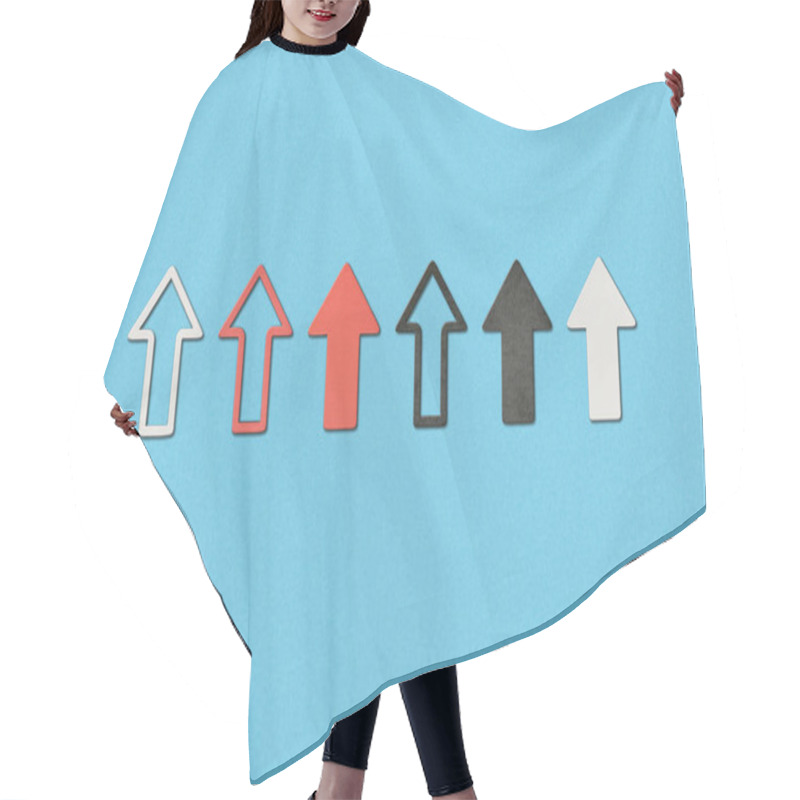 Personality  Top View Of Vertical Red, White And Black Pointers On Blue Background Hair Cutting Cape