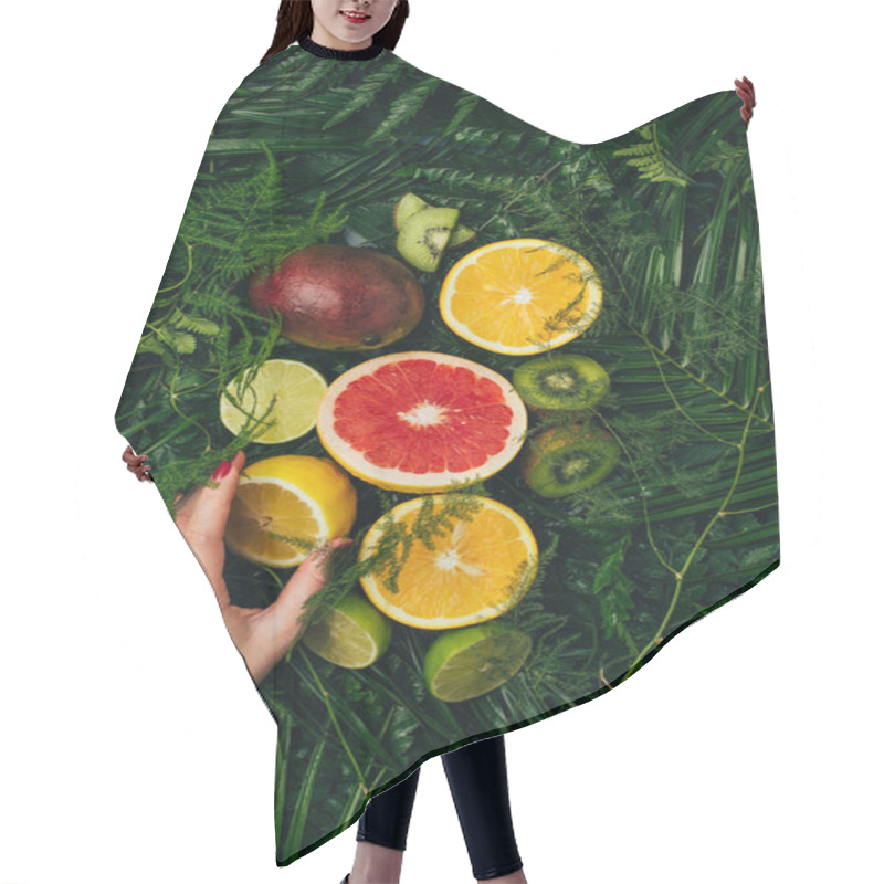 Personality  Cropped View Of Woman Touching Fresh Fruits On Palm Leaves Hair Cutting Cape