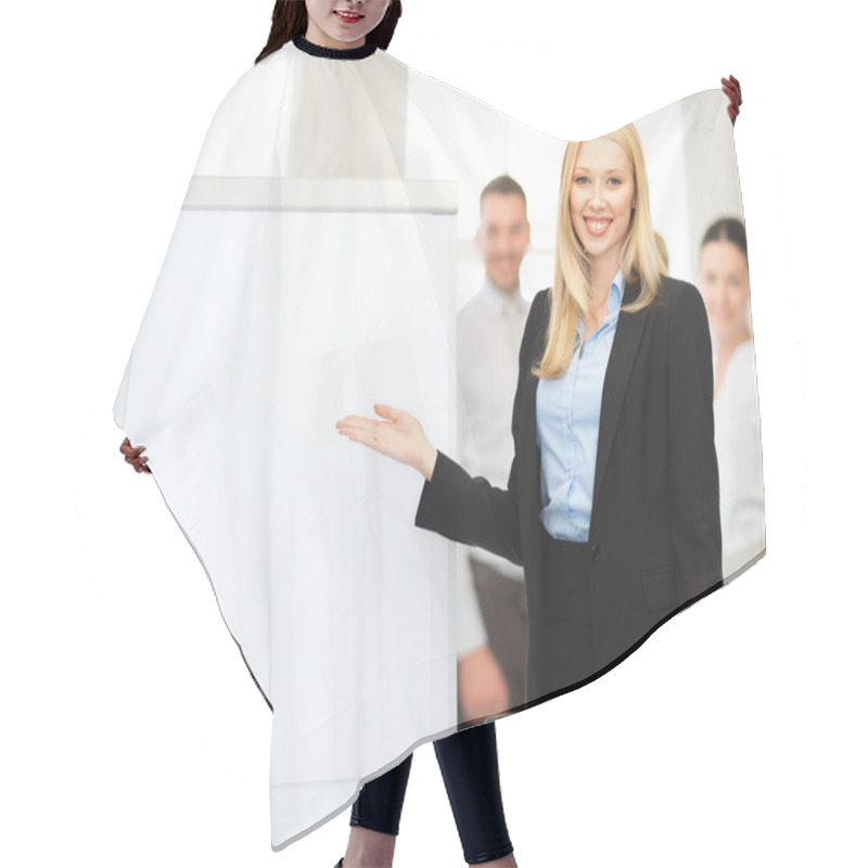 Personality  Businesswoman With Flipchart In Office Hair Cutting Cape