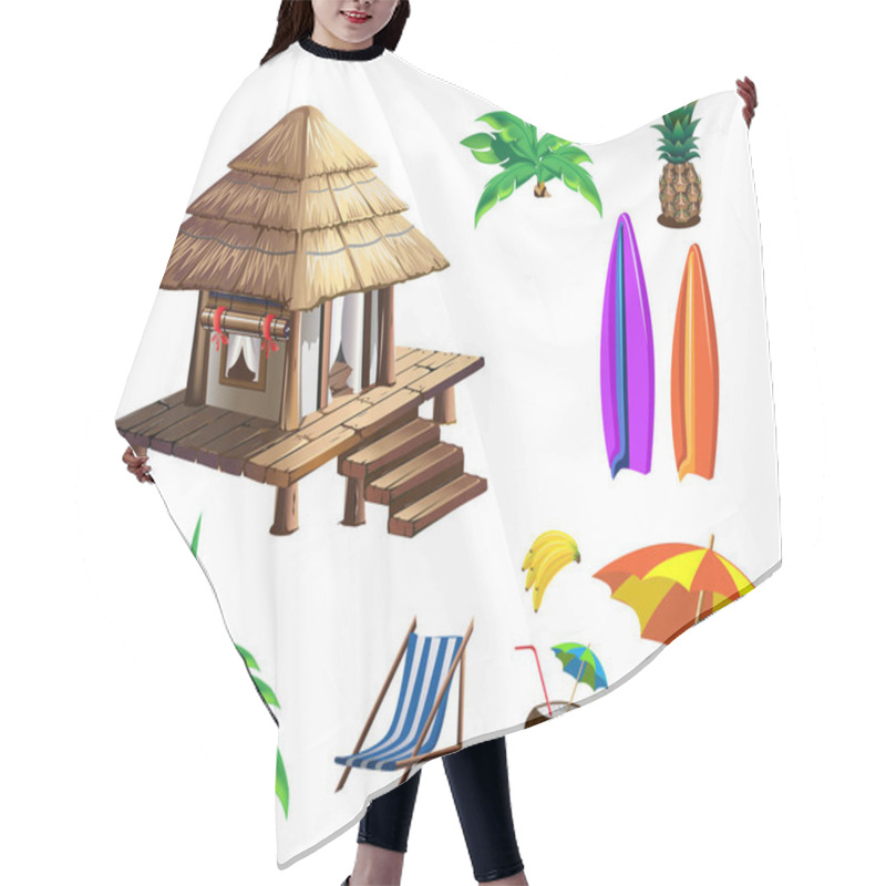 Personality  Tropical Hut With Thatched Roof. Summer Holidays In The Tropics By The Ocean. Isolated Vector Illustration In Cartoon Style Isolated On White Background. Set Hair Cutting Cape