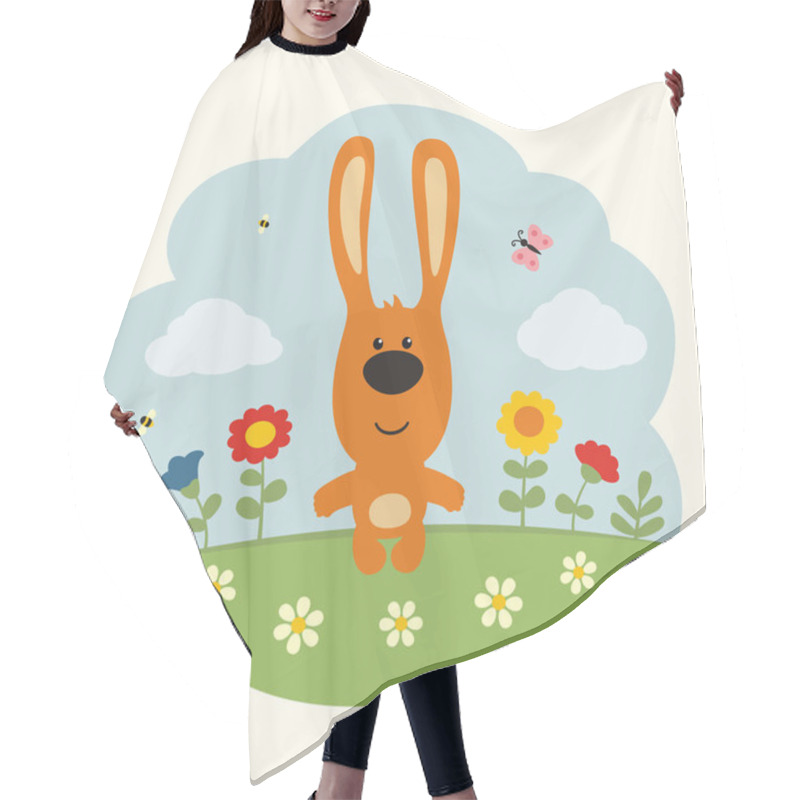 Personality  Greeting Card With Funny Cartoon Character Of Rabbit On Flower Meadow At Sunny Day  Hair Cutting Cape