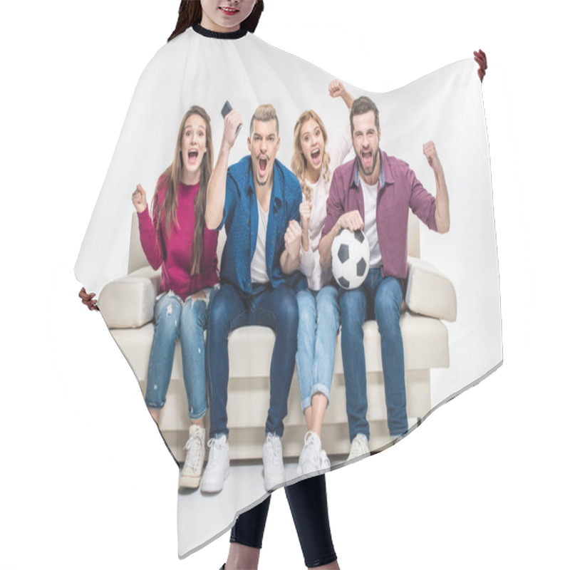 Personality  Friends Sitting On Couch With Soccer Ball   Hair Cutting Cape