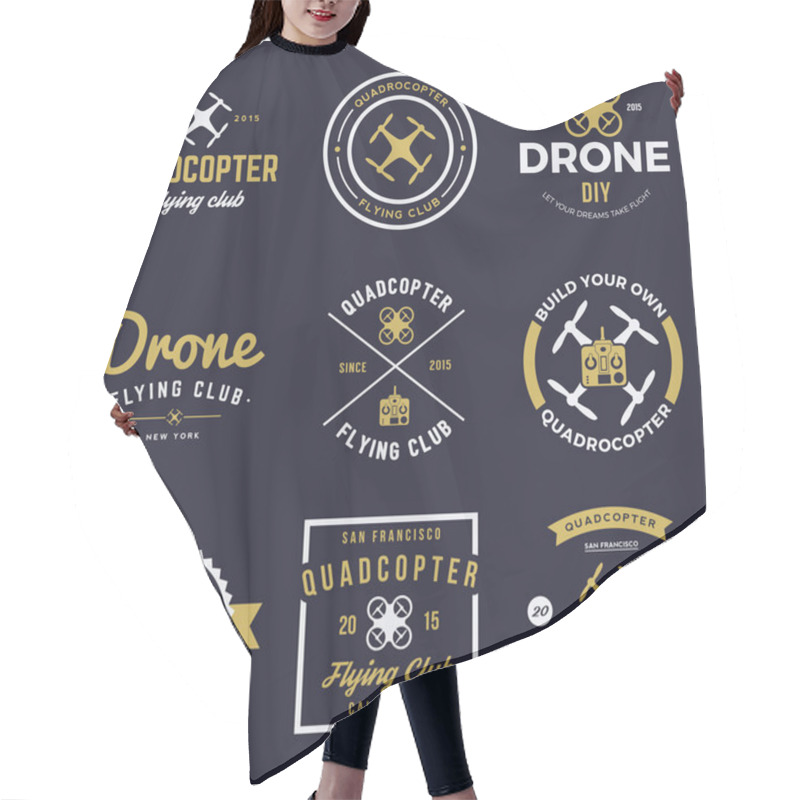 Personality  Vector Set Of Drone Flying Club Labels Hair Cutting Cape