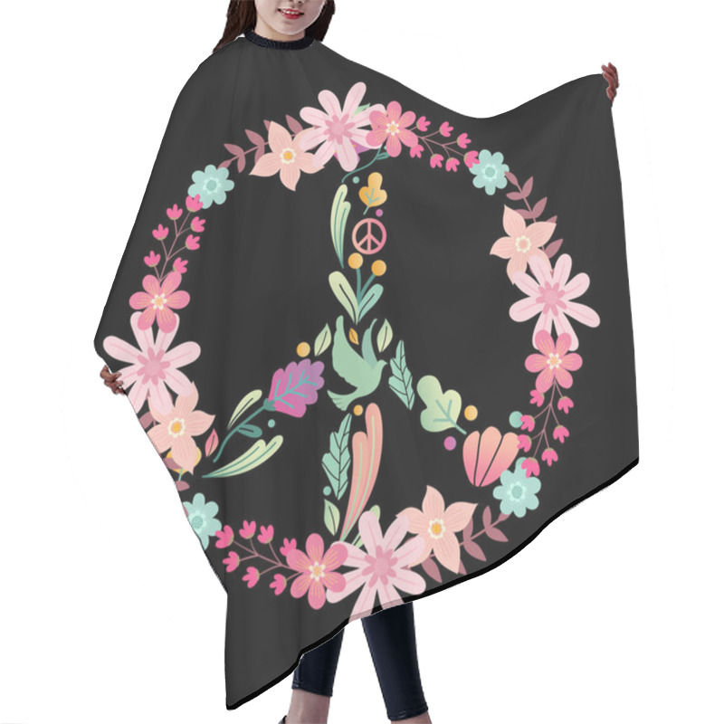 Personality  Vector Illustration Of Peace Symbol With Flowers Hair Cutting Cape