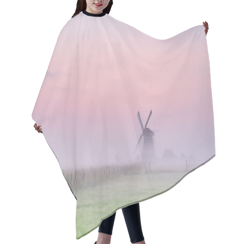 Personality  Windmill On Meadow In Morning Fog Hair Cutting Cape