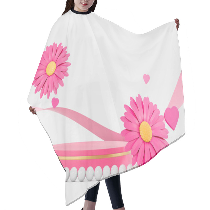 Personality  Pink Daisies With White Beads, Ribbons, And Hearts On A Pink Pedestal. Minimalist White Background. Concept Of Love, Beauty, And Celebration. 3D Rendering. Hair Cutting Cape