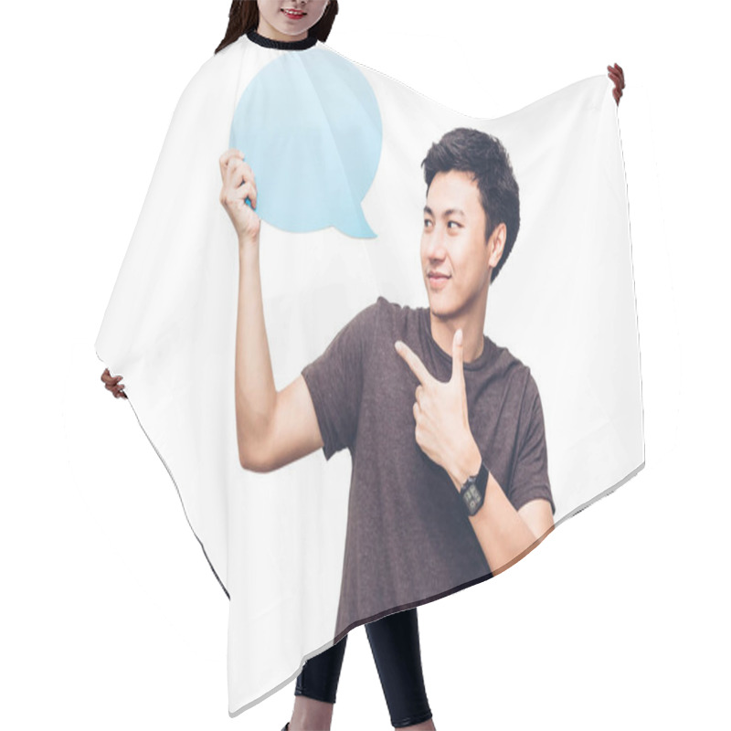 Personality  Young Man Holding Up A Speech Bubble Icon With Copyspace Hair Cutting Cape