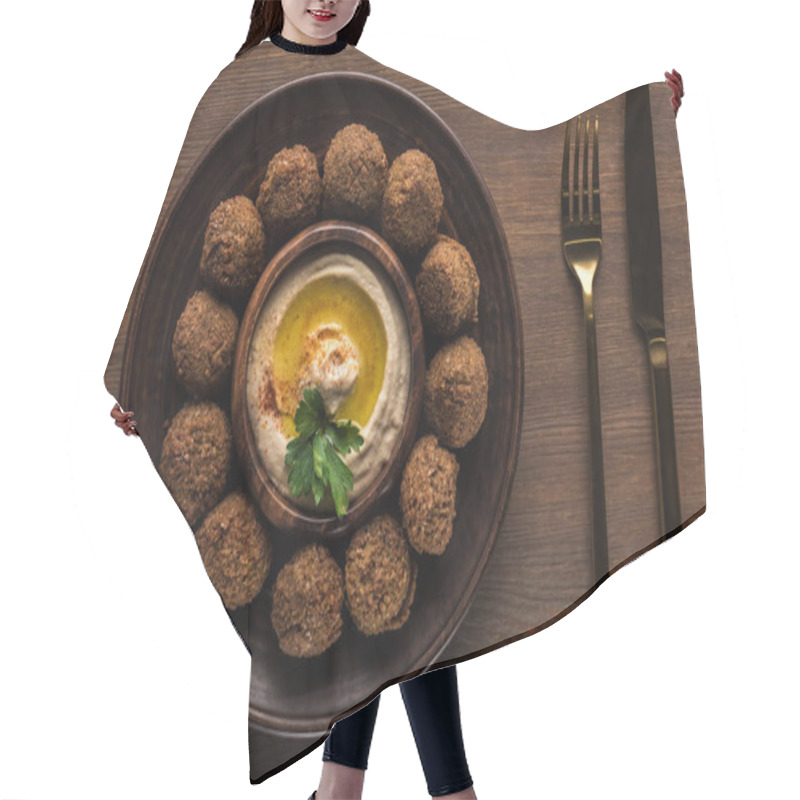 Personality  Top View Of Falafel Balls With Hummus On Plate Near Cutlery On Wooden Table Hair Cutting Cape