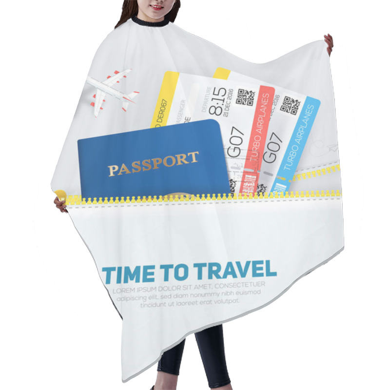 Personality  Banner Concept For Travel And Tourism With Passport And Tickets In Flat Style From Your Zipper Pocket. Hair Cutting Cape