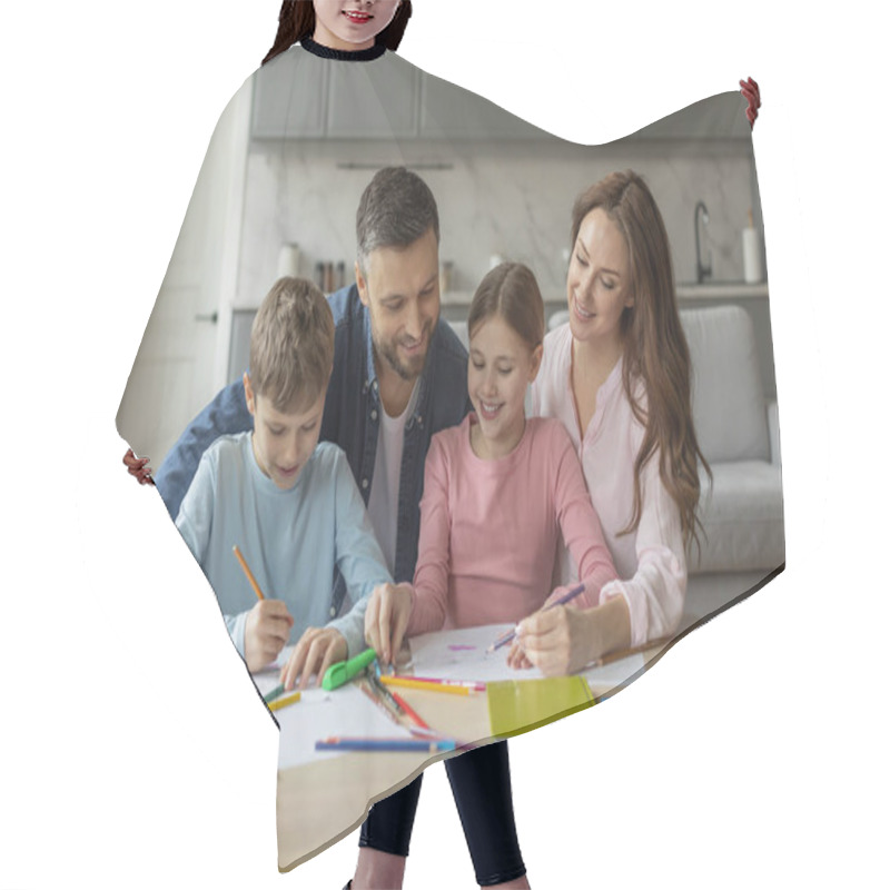 Personality  Both Parents Are Engaged In Helping Their Children Daughter And Son With Their Homework At Home, Family Time Hair Cutting Cape