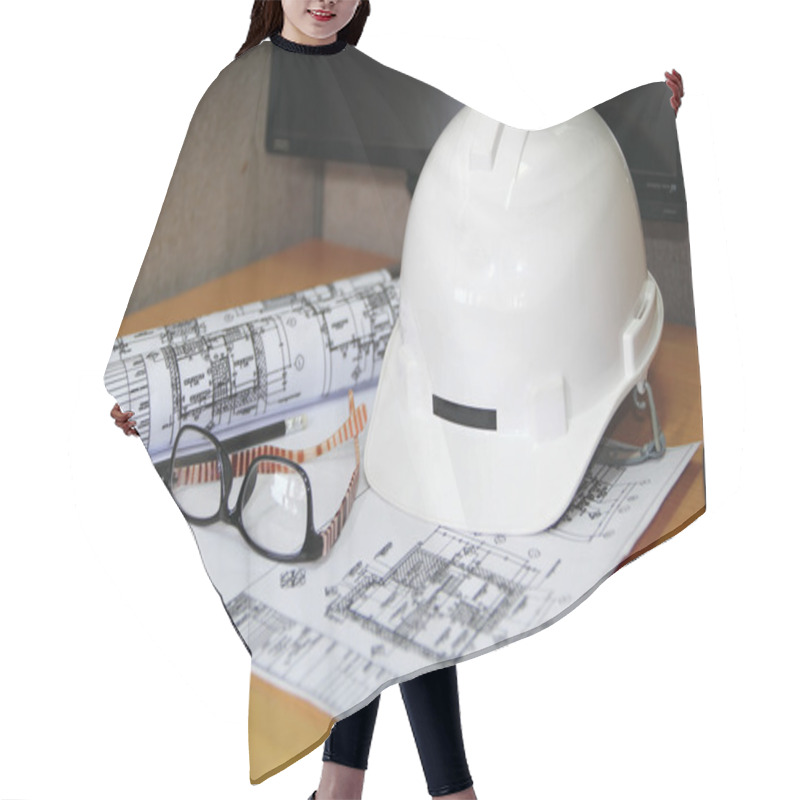 Personality  File Of Safety Helmet And Architect Plant On Wood Table Hair Cutting Cape