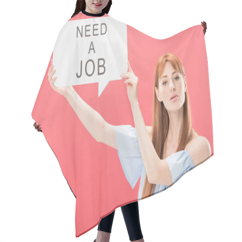 Personality  Redhead Girl Holding Speech Bubble With Inscription Need A Job Isolated On Pink Hair Cutting Cape